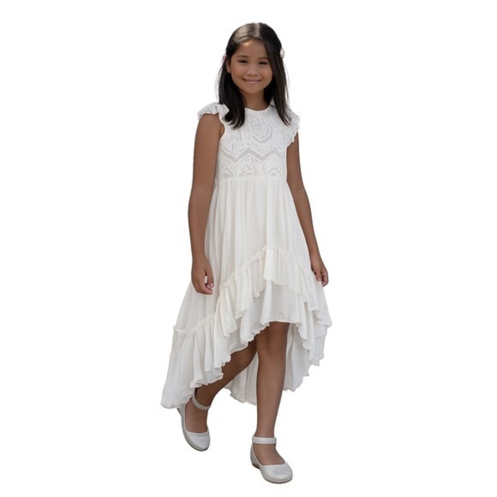 Kids White Lace Flutter Sleeve Tiered Ruffle High Low Dress Size 8Y Boho Wedding